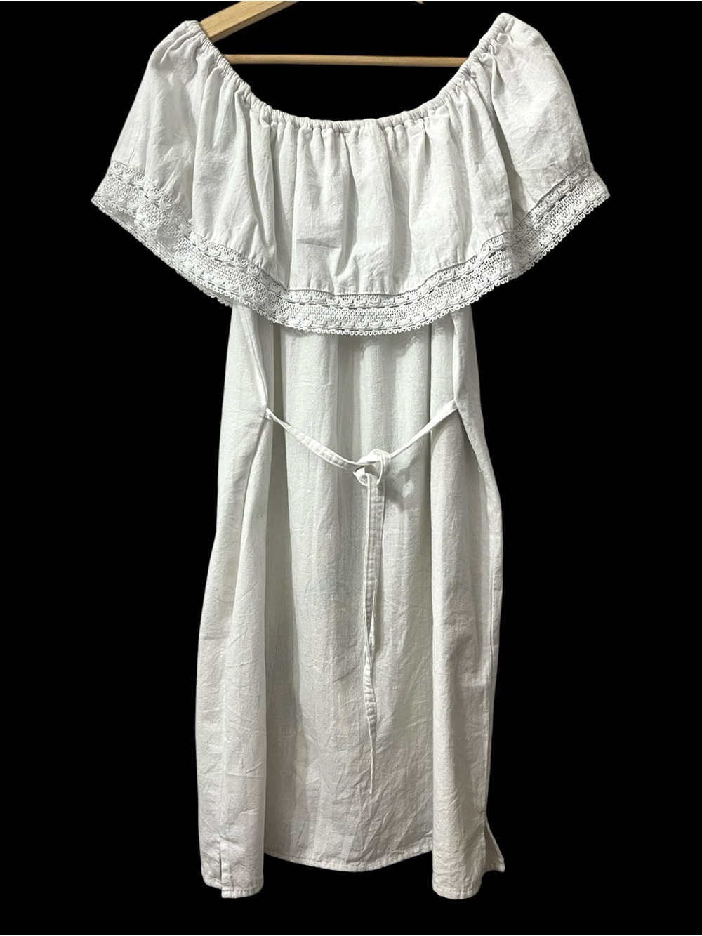 Mexican White Sunflower Embroidered Off Shoulder Dress Cottage Festive Peasant - Picture 6 of 8
